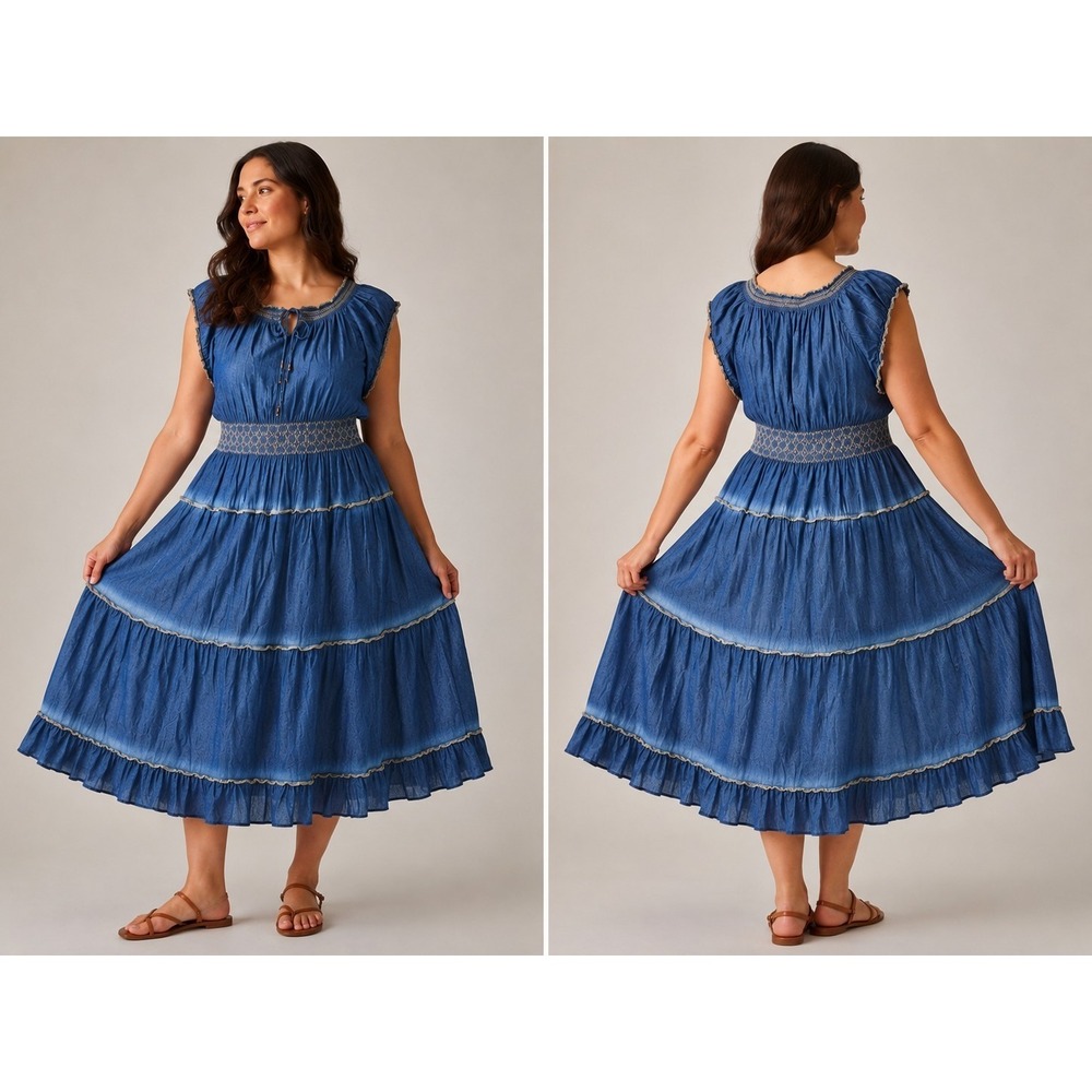Indigo & Lace Womens XL Chambray Tiered Midi Dress Smocked Waist Boho...
